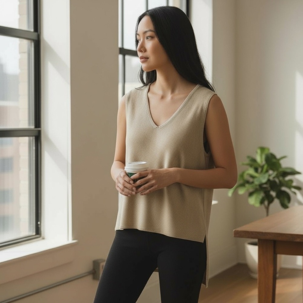 Workshop Republic Clothing Women's Beige Knit‎ V-Neck Sleeveless Sweater Top M